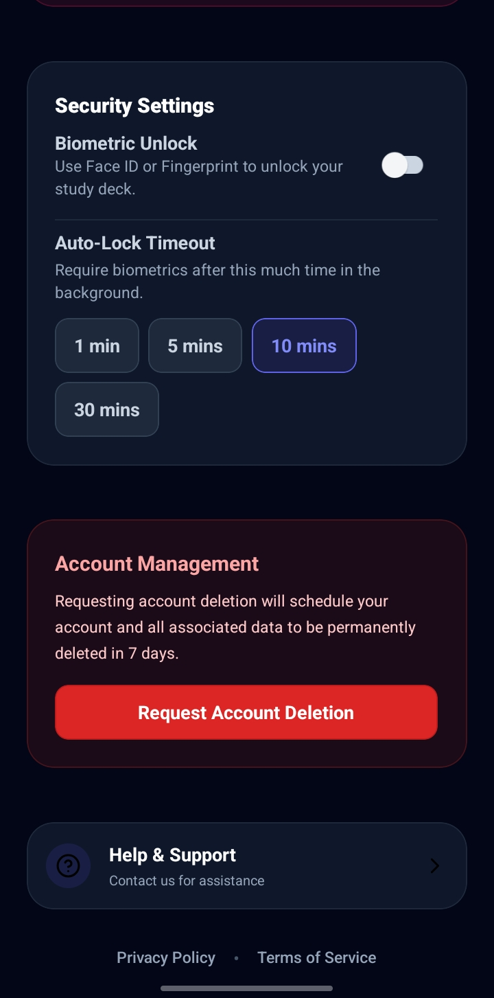 Mockup of the Seer profile screen showing the Request Account Deletion button